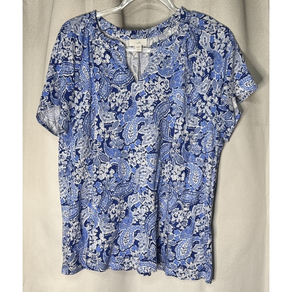 J. Jill Women's Blue White Paisley Top Gathered Collar V-Neck Large Petite